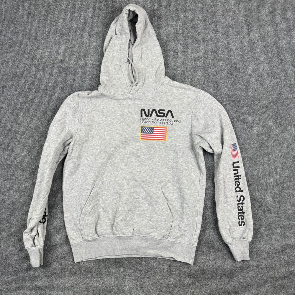 H&M Hoodie Mens Size S Grey NASA Viscose Graphic Pullover Sweatshirt Pocket
